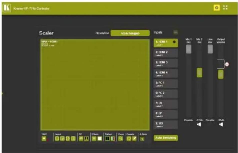 Komer WT-774A Controller Scaler Respiration 100Ax268.040 Inputs MPR = HDMI 2:1.00 2:1.00 2:1.00 3: HDMI 1 Label 1 2: HDMI 2 Label 2 3: HDMI 3 Label 3 4: HDMI 4 Label 4 5: PC 1 Label 5 6: PC 2 Label 6 7: CV Label 7 8: OP Label 8 9: SGB Label 9 Load Layout PIP Effects Pattern Zoom Parameters A Ratio Auto Switching Mio. 1 Max Mio. 2 Max Line Max Output Volume Disable -37kb Disable -30kb
