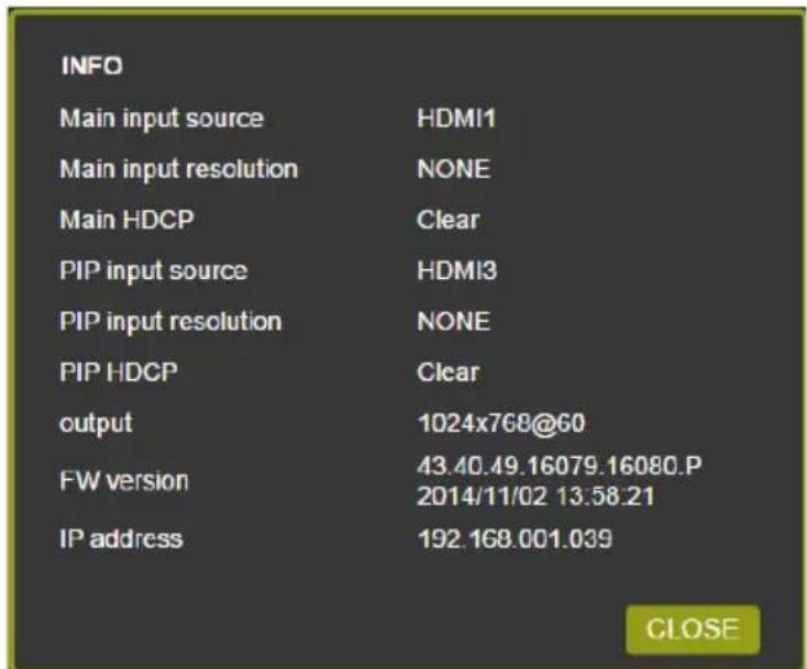 INFO Main input source HDM1 Main input resolution NONE Main HDCP Clear PIP input source HDMI3 PIP input resolution NONE PIP HDCP Clear output 1024x768@60 FW version 43.40.49.16079.16080.P 2014/11/02 13:58.21 IP address 192.168.001.039 CLOSE