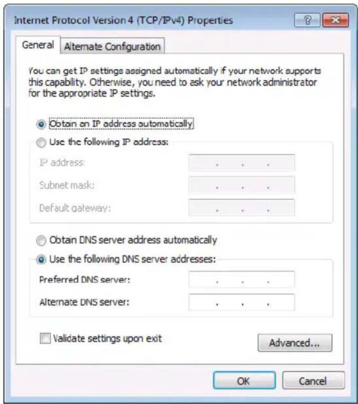 Internet Protocol Version 4 (TCP/IPv4) Properties General Alternate Configuration You can get IP settings assigned automatically if your network supports this capability. Otherwise, you need to ask your network administrator for the appropriate IP settings. Obtain an IP address automatically; Use the following IP address: IP address: .... Subnet mask: .... Default gateway: .... Obtain DNS server address automatically Use the following DNS server addresses: Preferred DNS server: .... Alternate DNS server: .... Validate settings upon exit Advanced... OK Cancel