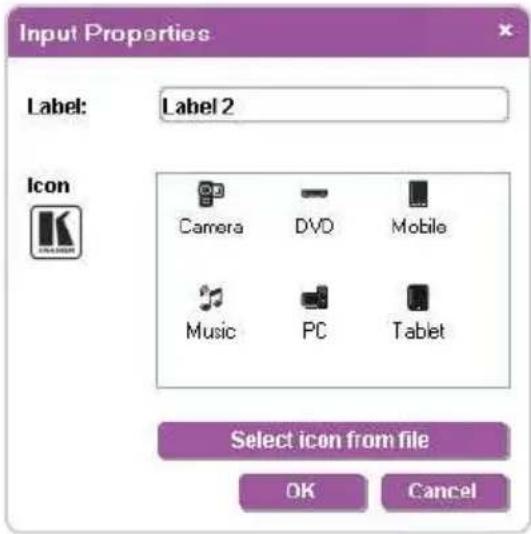 Input Properties Label: Label 2 Icon Camera DVD Mobile Music PC Tablet Select icon from file OK Cancel