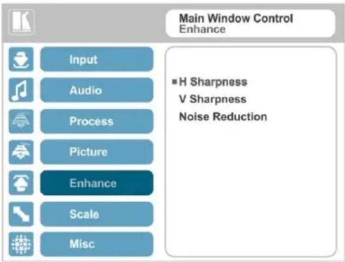 Main Window Control Enhance ■H Sharpness V Sharpness Noise Reduction Input Audio Process Picture Enhance Scale Misc
