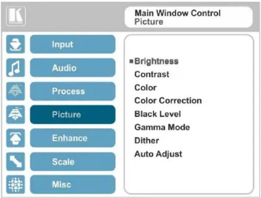 Main Window Control Picture Input Audio Process Picture Enhance Scale Misc ■Brightness Contrast Color Color Correction Black Level Gamma Mode Dither Auto Adjust