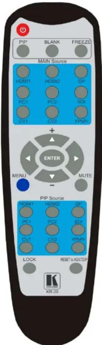 PIP BLANK FREEZE MAIN Source HDMI1 HDMI2 DP PC1 PC2 SDI CV1 CV2 YPbPr + ENTER MENU MUTE - PIP Source HDMI1 HDMI2 DP PC1 PC2 SDI CV1 CV2 YPbPr LOCK RESET to XGA72DP KR-20