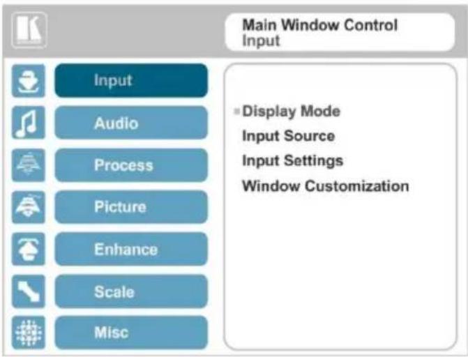 Main Window Control Input Input Audio Process Picture Enhance Scale Misc ■ Display Mode Input Source Input Settings Window Customization