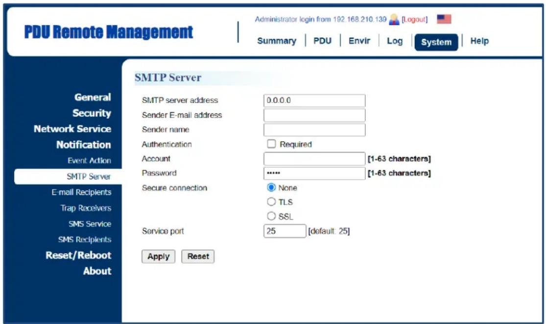 PDU Remote Management Administrator login from 192.168.210.139 [Logout] Summary | PDU | Envir | Log | System | Help SMTP Server General Security Network Service Notification Event Action SMTP Server E-mail Recipients Trap Receivers SMS Service SMS Recipients Reset/Reboot About SMTP server address 0.0.0.0 Sender E-mail address Sender name Authentication Required Account [1-63 characters] Password ***** [1-63 characters] Secure connection None TLS SSL Service port 25 [default: 25] Apply Reset