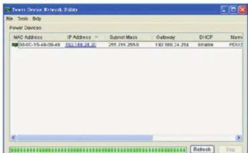 Power Device Network Provider File Tools Help Power Devices MAC Address IP Address Sudan Mask Gateway DHCP Name 03-03-15-48-09:49 192.168.25.20 255.255.255.0 192.168.24.254 Email FDU27 Refresh Yes