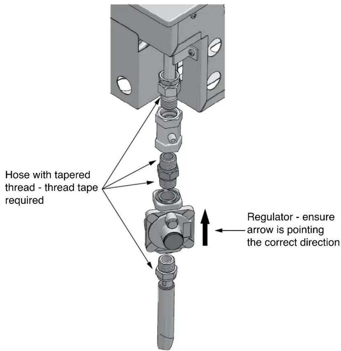 Hose with tapered thread - thread tape required Regulator - ensure arrow is pointing the correct direction