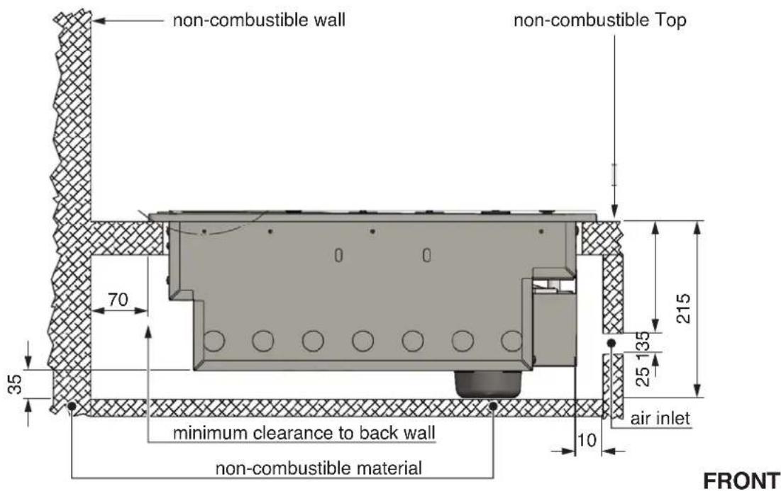 non-combustible wall non-combustible Top 70 35 215 25 135 25 135 air inlet 10 minimum clearance to back wall non-combustible material FRONT
