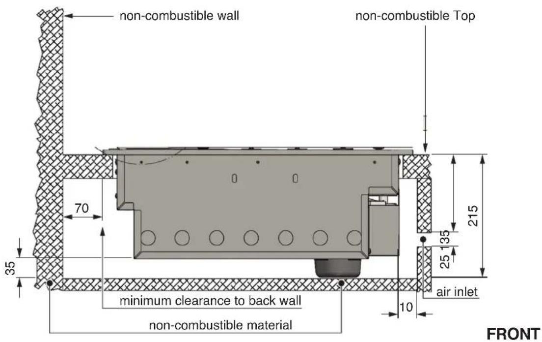 non-combustible wall non-combustible Top 70 35 215 25 135 35 minimum clearance to back wall non-combustible material 10 air inlet FRONT