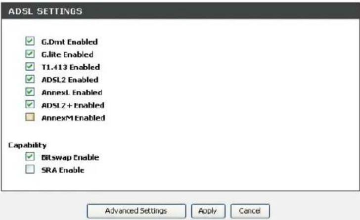 ADSL SETTINGS ✓ G.Dmt Enabled ✓ Glite Enabled ✓ T1.413 Enabled ✓ ADSL2 Enabled ✓ AnnexL Enabled ✓ ADSL2 + Enabled □ AnnexM Enabled Capability ✓ Bitswap Enable □ SRA Enable Advanced Settings Apply Cancel