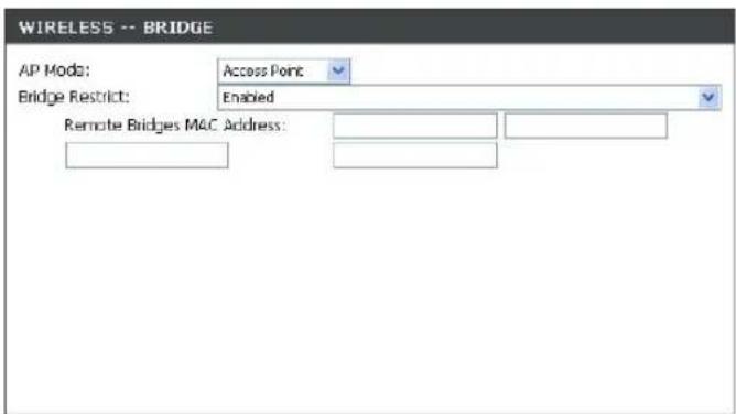 WIRELESS -- BRIDGE AP Moda: Access Point Bridge Restrict: Enabled Remote Bridges M&C Address: