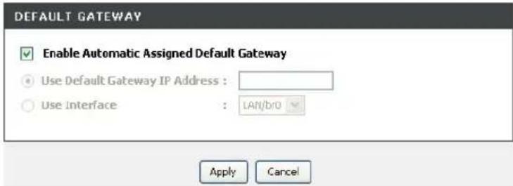 DEFAULT GATEWAY Enable Automatic Assigned Default Gateway Use Default Gateway IP Address : Use Interface : LAN/b/0 Apply Cancel