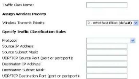 Traffic Class Name: Assign Wireless Priority Wireless Transmit Priority: 0 - WMM Best Effort (default) Specify Traffic Classification Rules Protocol: Source IP Address: Source Subnet Mask: UDP/TCP Source Port (port or port: port); Destination IP Address: Destination Subnet Mask: UDP/TCP Destination Port (port or port: port):