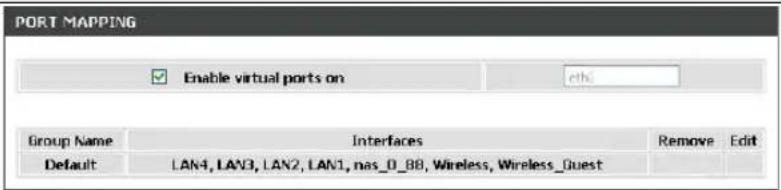 PORT MAPPING Enable virtual ports on ethi Group Name Interfaces Remove Edit Default LAN4, LAN3, LAN2, LAN1, nas_0_88, Wireless, Wireless_Quest