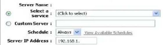 Server Name : Select a service : (Click to select) Custom Server : Schedule : Always View Available Schedules Server IP Address : 192.168.1.