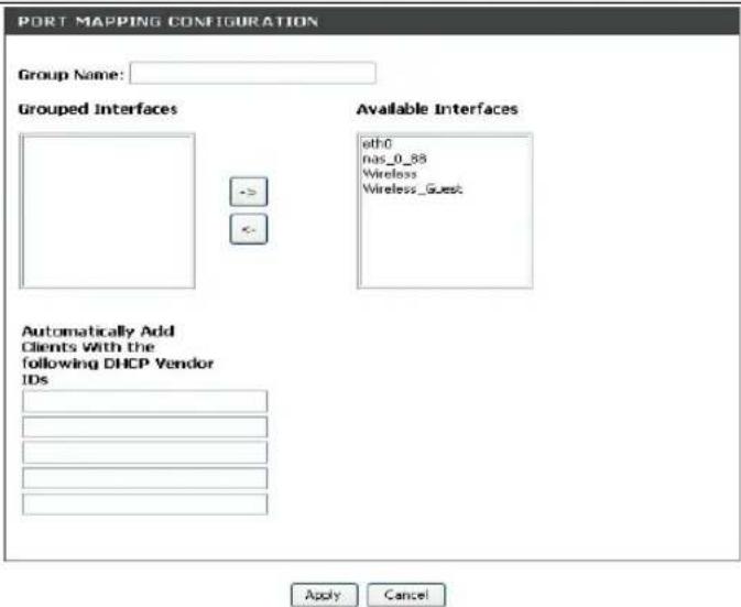 PORT MAPPING CONFIGURATION Group Name: Grouped Interfaces Available Interfaces eth0 nas_0_88 Wireless Wireless_Guest Automatically Add Clients With the following DHCP Vendor IDs Apply Cancel