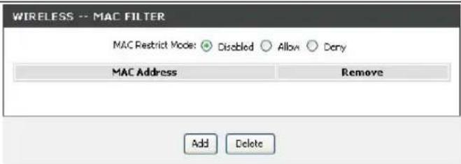 WIRELESS -- MAC FILTER MAC Restrict Mode: ● Disabled ○ Allow ○ Dany MAC Address Remove Add Delete