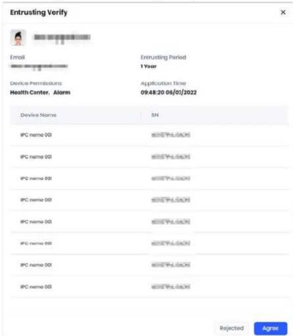 Entrusting Verify Email Entrusting Period 1 Year Device Permissions Application Time Health Center, Alarm 09:48:20 06/07/2022 Device Name 3N IPC name 001 WESTRALACH IPC name 001 WESTRALACH IPC name 001 WESTRALACH IPC name 001 WESTRALACH IPC name 001 WESTRALACH IPC name 001 WESTRALACH Rejected Agree