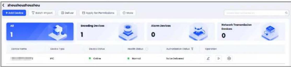 zhouzhouzhouzhou + Add Device Batch Import Deliver Apply for Permissions More All 1 Encoding Devices 1 Alarm Devices 0 Network Transmission Devices 0 Device Name Device Type Device Status Health Status Authorization Status Operation 2 IPC Online Normal To be Delivered