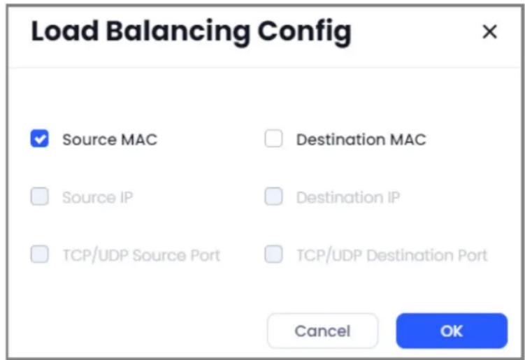 Load Balancing Config ✓ Source MAC □ Destination MAC □ Source IP □ Destination IP □ TCP/UDP Source Port □ TCP/UDP Destination Port Cancel OK