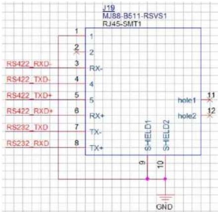 J19 MJ88-B511-RSVS1 RJ45-SMT1 RS422_RXD- RS422_TXD- RS422_TXD+ RS422_RXD+ RS232_TXD RS232_RXD 1 2 3 4 5 6 7 8 RX- 4 5 RX+ TX- TX+ SHIELD1 SHIELD2 hole1 hole2 GND