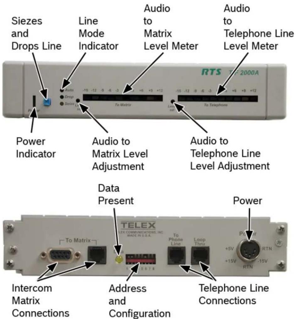 Siezes and Drops Line Line Mode Indicator Audio to Matrix Level Meter Audio to Telephone Line Level Meter RTS 2000A Power Indicator Audio to Matrix Level Adjustment Audio to Telephone Line Level Adjustment Data Present TELEX LEX COMMUNICATIONS, INC. MADE IN U.S.A. To Matrix To Phone Line Loop Thru +5V +15V -15V -15 -12 -9 -6 -3 +6 +9 +12 To Matrix Power Intercom Matrix Connections Address and Configuration Telephone Line Connections