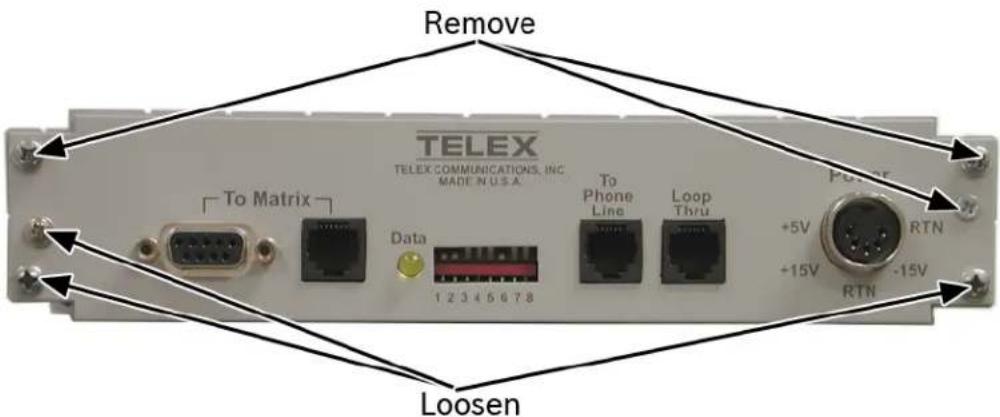 Remove TELEX TELEX COMMUNICATIONS, INC. MADE IN U.S.A. To Matrix Data 1 2 3 4 5 6 7 8 To Phone Line Loop Thru +5V -15V RTN Power RTN Loosen