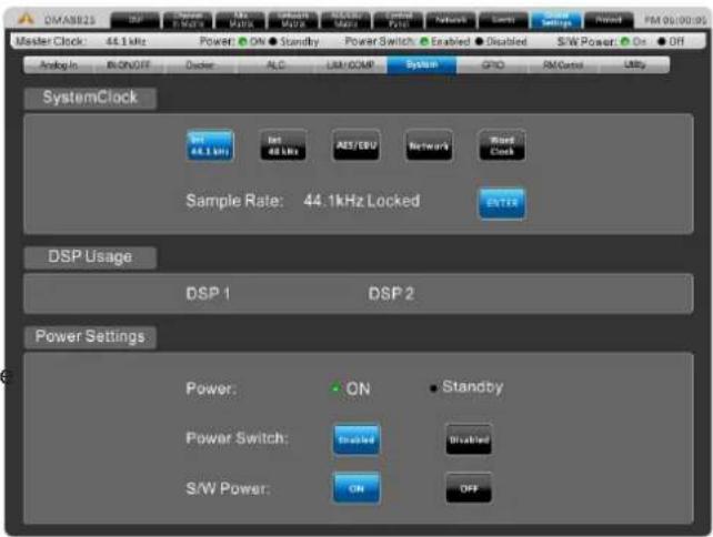 DMAB825 Master Clock: 44.1kHz Power ON Standby Power Switch Enabled Disabled S/W Power On Off Analog In BLON/OFF Duster ALC LSR/DDR System GPIO RM Control USBy SystemClock SST 44.1MHz Init 48 kHz ABS/EBU Network Word Sample Rate: 44.1kHz Locked ENTER DSP Usage DSP 1 DSP 2 Power Settings Power: ON Standby Power Switch: Enabled Disabled S/W Power: ON OFF