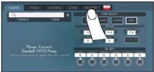 SOUND MIXER CONTROL ZONE MEATORY FAMILY TONE PART SELECT 0 A-0 C-0 0 0 TS EDIT Please, Connect Dexibell VIVO Piano Software Version Impact Tools (Note: 4.0) is required
