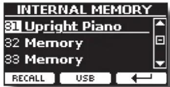 INTERNAL MEMORY 31 Upright Piano 32 Memory 33 Memory RECALL USB