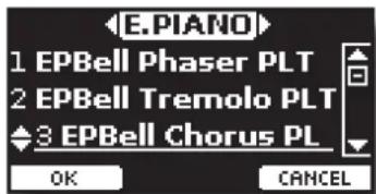E.PIANO 1 EPBell Phaser PLT 2 EPBell Tremolo PLT 3 EPBell Chorus PL OK CANCEL