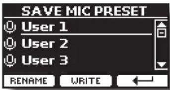 SAVE MIC PRESET User 1 User 2 User 3 RENAME WRITE