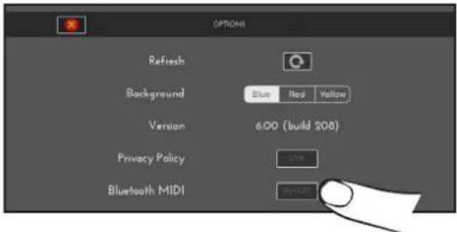 OPTIONAL Refresh Background Blue Red Yellow Version 6:00 (build 208) Privacy Policy Bluetooth MIDI