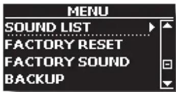 MENU SOUND LIST FACTORY RESET FACTORY SOUND BACKUP