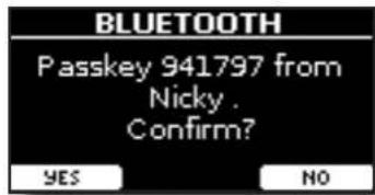 BLUETOOTH Passkey 941797 from Nicky . Confirm? YES NO