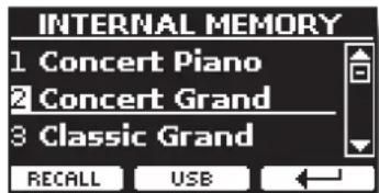 INTERNAL MEMORY 1 Concert Piano 2 Concert Grand 3 Classic Grand RECALL USB
