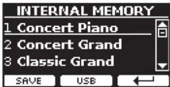 INTERNAL MEMORY 1 Concert Piano 2 Concert Grand 3 Classic Grand SAVE USB