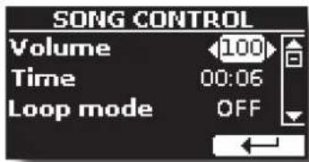 SONG CONTROL Volume 100 Time 00:06 Loop mode OFF