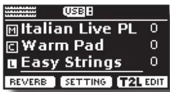 USB Italian Live PL 0 Warm Pad 0 Easy Strings 0 REVERB SETTING T2L EDIT