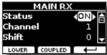 MAIN RX Status ON Channel 1 Shift 0 LOWER COUPLED ←