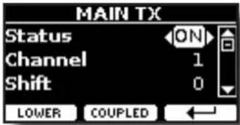 MAIN TX Status ON Channel 1 Shift 0 LOWER COUPLED