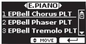 E.PIANO 1 EPBell Chorus PLT 2 EPBell Phaser PLT 3 EPBell Tremolo PLT MOVE ←