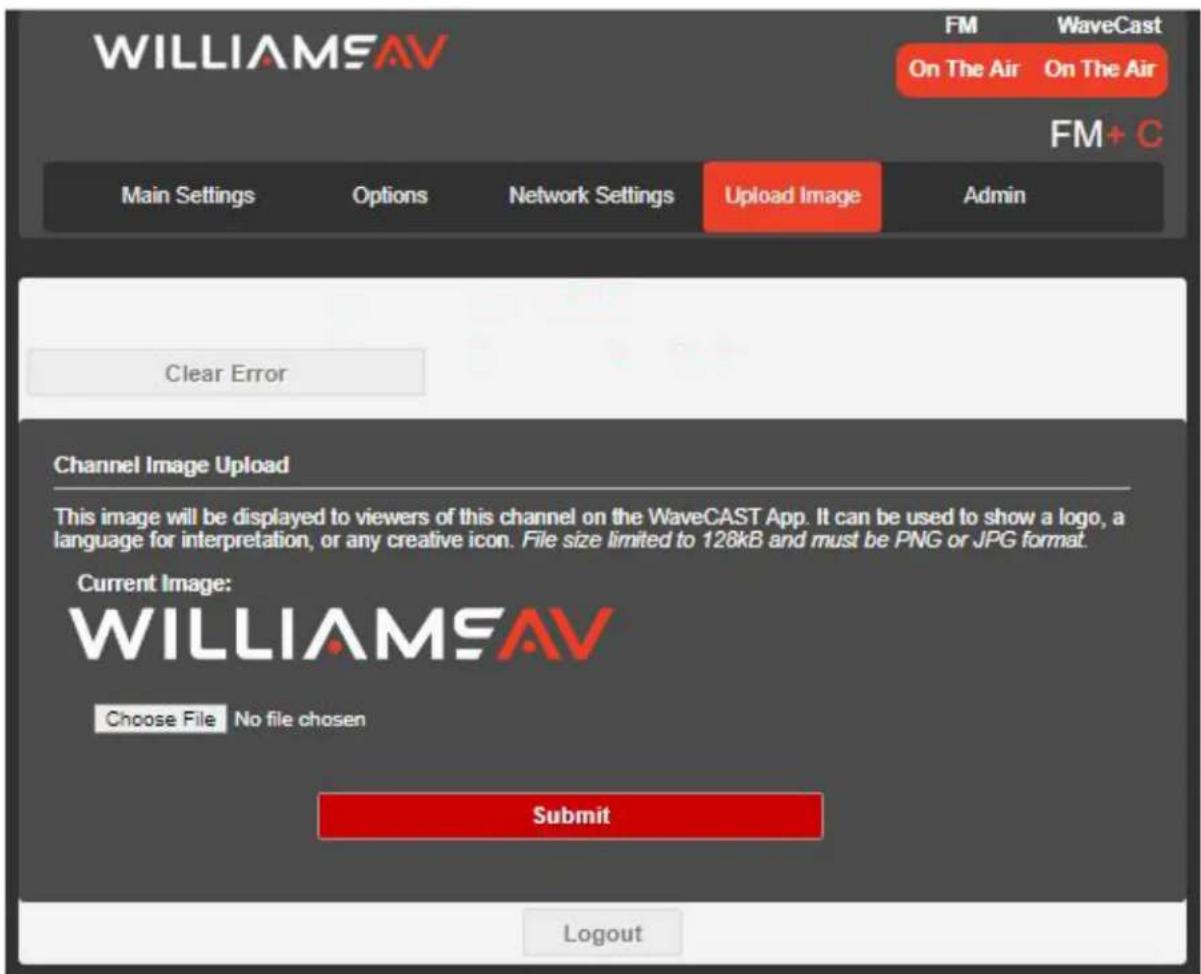 WILLIAMSAV FM On The Air On The Air FM+ C Main Settings Options Network Settings Upload Image Admin Clear Error Channel Image Upload This image will be displayed to viewers of this channel on the WaveCAST App. It can be used to show a logo, a language for interpretation, or any creative icon. File size limited to 128kB and must be PNG or JPG format. Current Image: WILLIAMSAV Choose File No file chosen Submit Logout