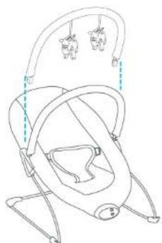 Line drawing of a baby in a baby boom chair with hanging ornaments (no text or symbols)
