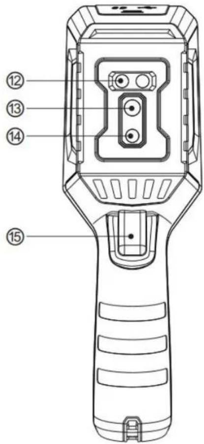 Technical diagram of a handheld device with numbered parts labeled 12 to 15