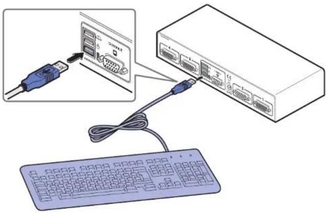 Diagram showing connection between a computer interface with USB port, connected to a keyboard and a network switch.