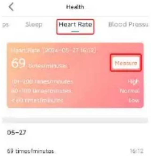 Health ps Sleep Heart Rate Blood Pressu Heart Rate [2024-05-27 16:12] 69 minutes/minutes Measure 01-200 times/minutes High 60 + 1100 times/minutes Normal < 60 times/minutes Low 05-27 69 times/minutes 16:12