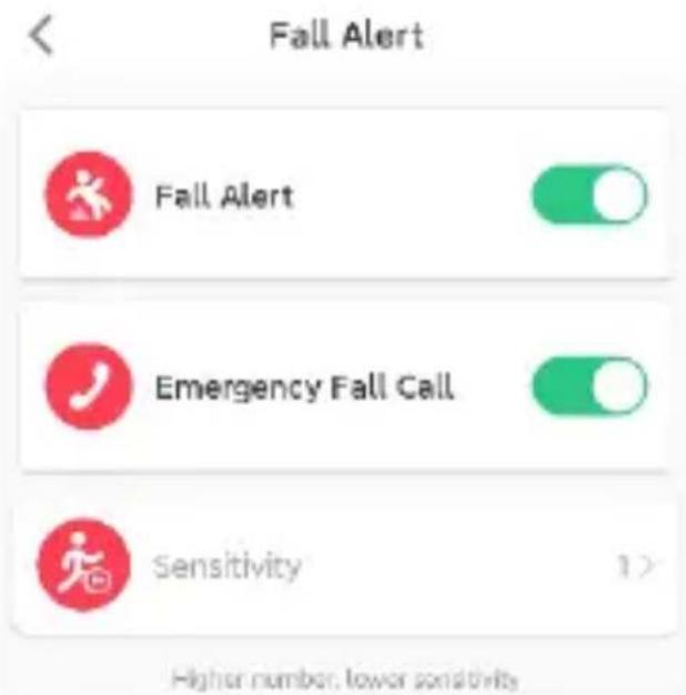 Fall Alert Fall Alert Emergency Fall Call Sensitivity 1> Higher number, lower sensitivity