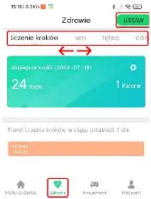 15:16 | 0.3K Zdrowie USTAW liczenie kroków sen tętno ciśr dzisiȩjsze krokł [2024-07-19] 24 Kroło 1 Kelore Trand liczania kroków w ciągu ostatnich 7 dni. HNDU GŁOWAŃ Zdrowie Amazment Hól profit