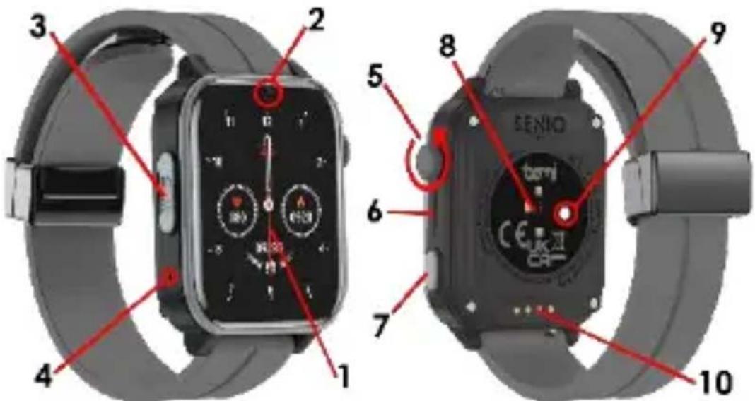 Technical diagram of a smartwatch with numbered parts and labeled features, including a digital display and a brand name.